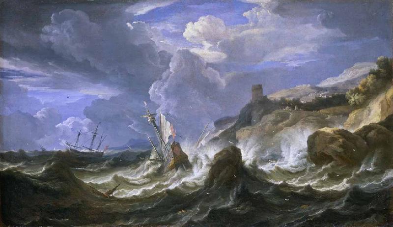 Pieter Meulener A ship wrecked in a storm off a rocky coast oil painting image